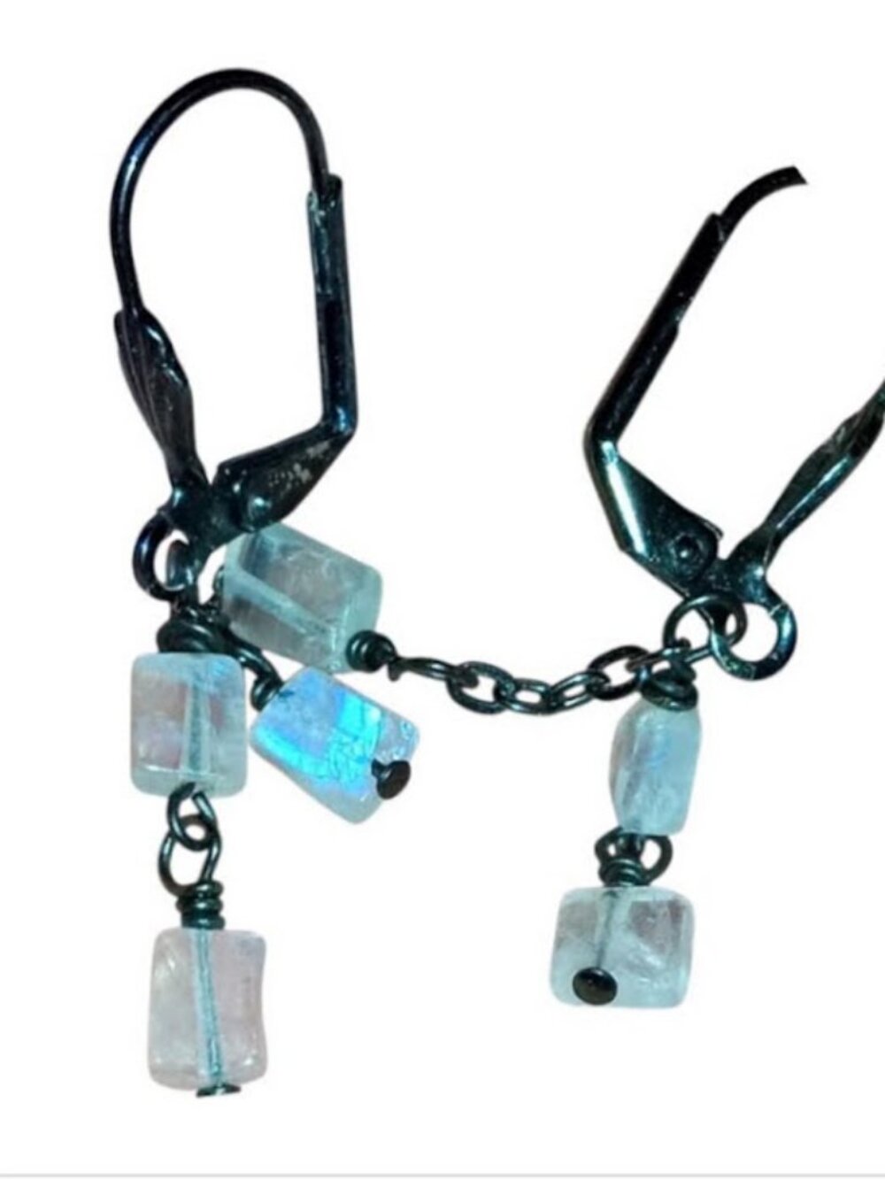 Vintage Authentic Moonstone Cube Dangle Earrings - Iridescent Blue White